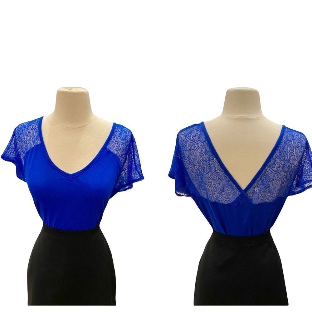 NWT Express Cobalt Blue V-Neck Semi Sheer Back Lace Sleeve Blouse